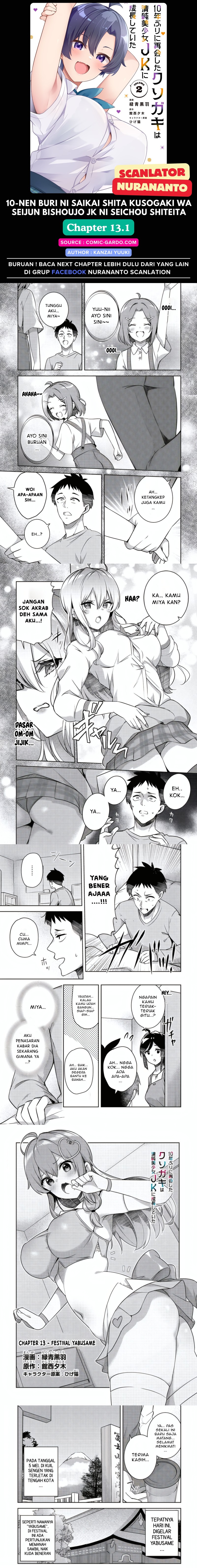 10-Nen Buri ni Saikai shita Kusogaki wa Seijun Bishoujo JK ni Seichou shiteita Chapter 13.1 Bahasa Indonesia