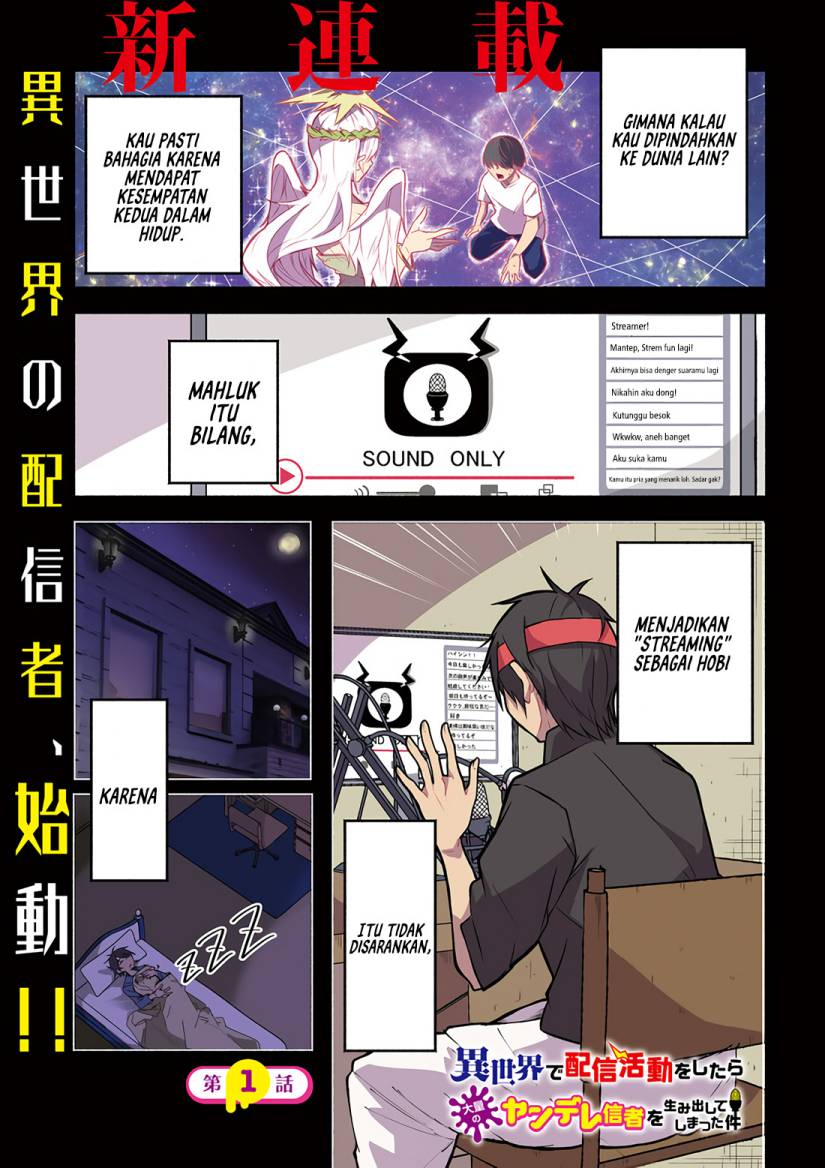 Isekai de Haishin Katsudou wo Shitara Tairyou no Yandere Shinja wo Umidashite Shimatta Ken Chapter 01 Bahasa Indonesia