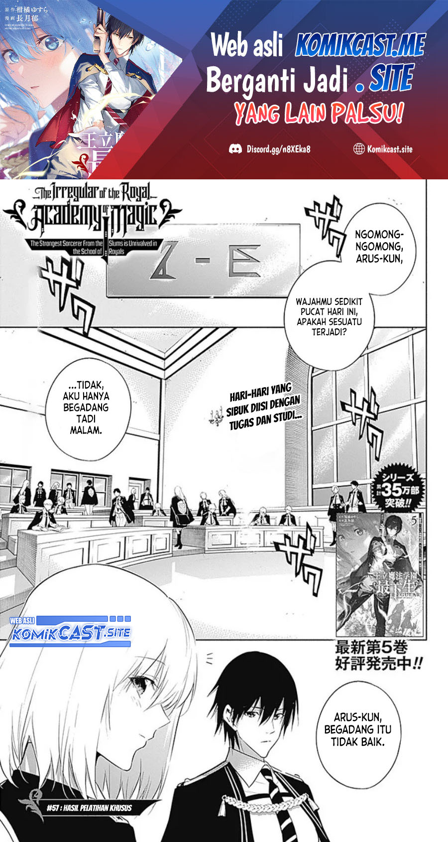 Ouritsu Mahou Gakuen no Saikasei: Slum Agari no Saikyou Mahoushi, Kizoku darake no Gakuen de Musou suru Chapter 57 Bahasa Indonesia