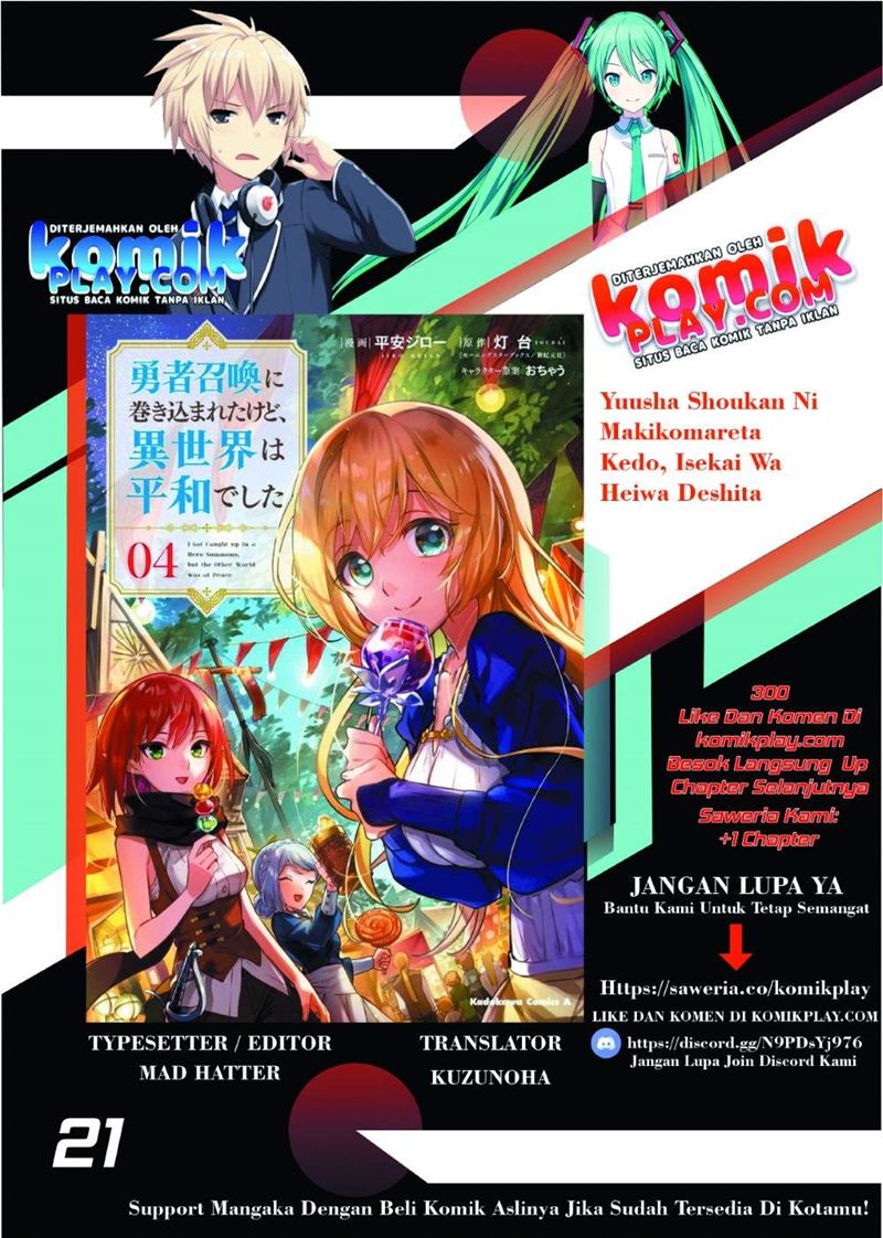 Yuusha Shoukan ni Makikomareta kedo Isekai wa Heiwa deshita Chapter 21 Bahasa Indonesia